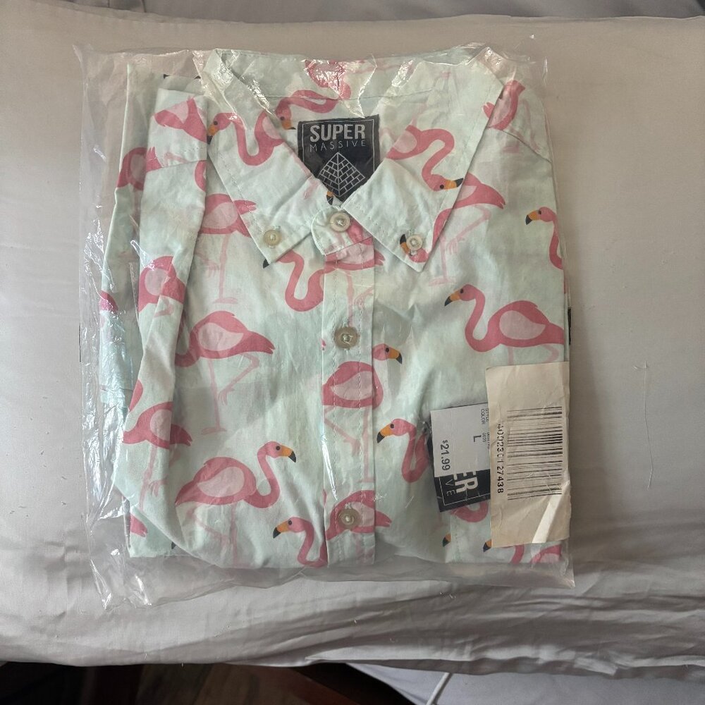Super Massive(Brand) Men Mint Green pink flamingo short sleeve button down shirt